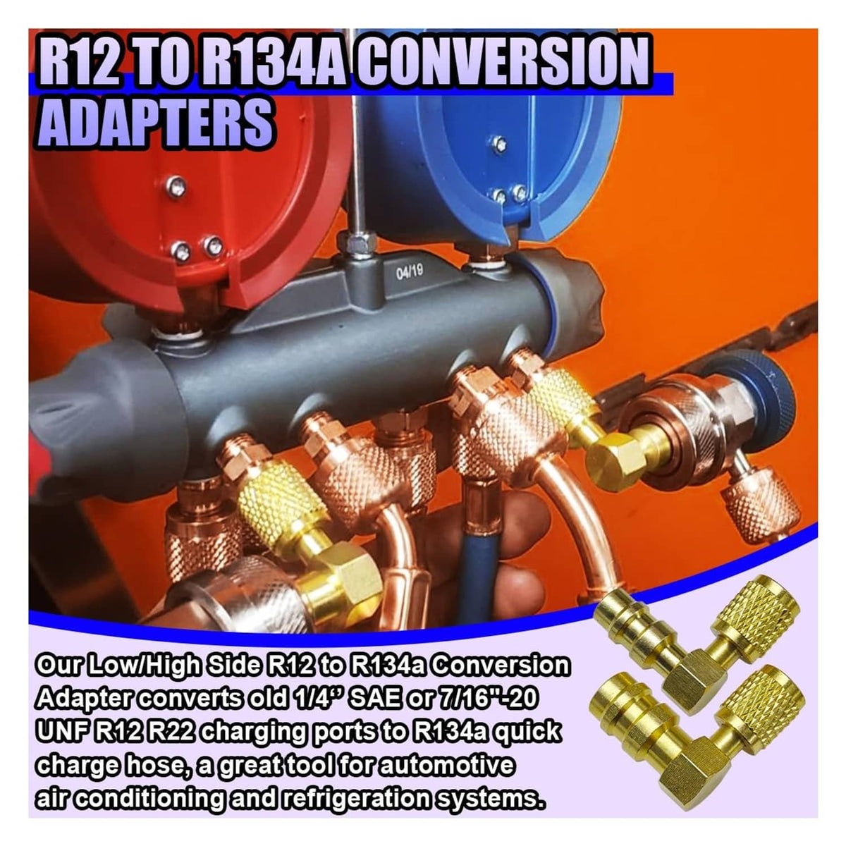 Gold A/C conversion adapter fittings with multiple textured hose connectors and caps