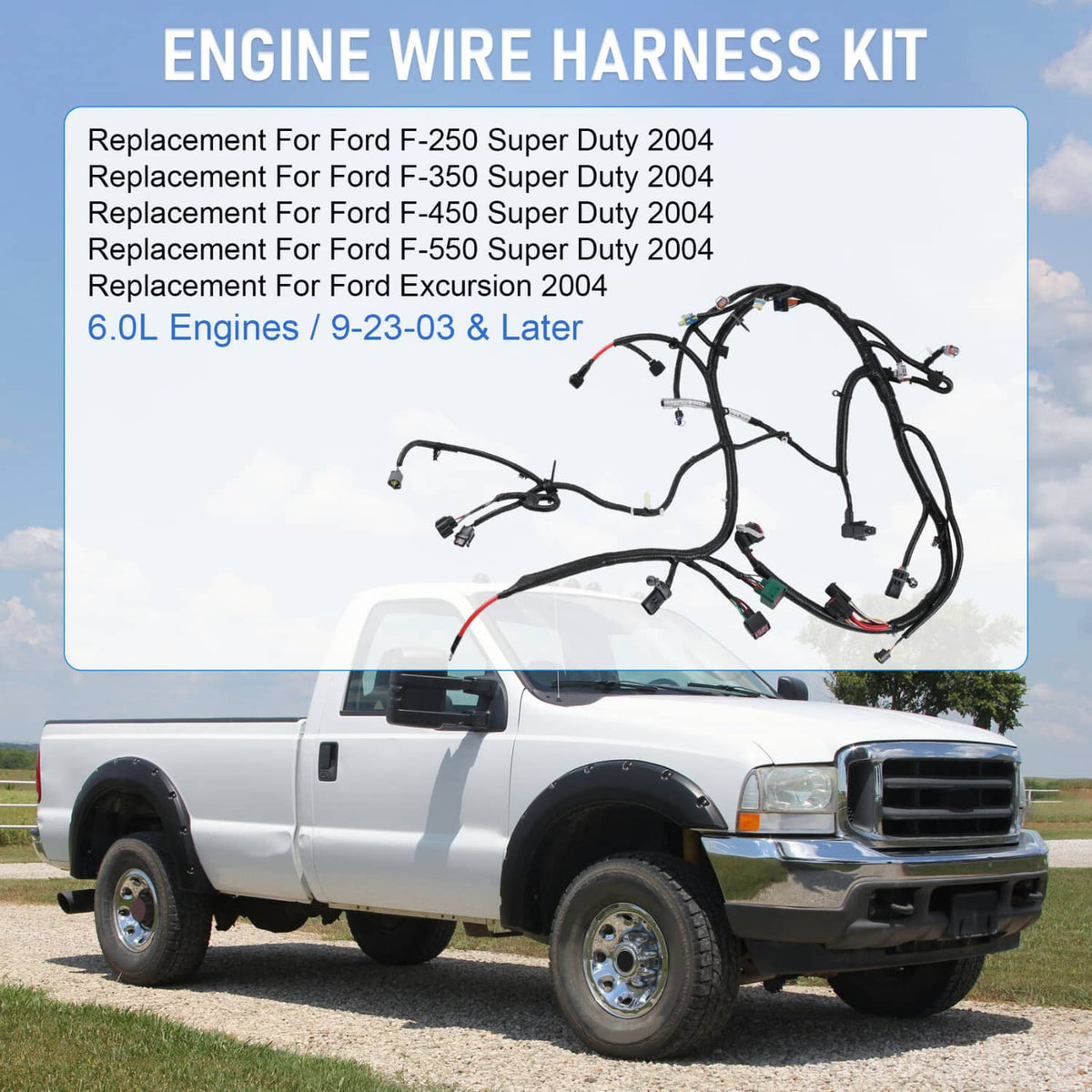 Engine wiring harness kit with black wire loom and various connector plugs