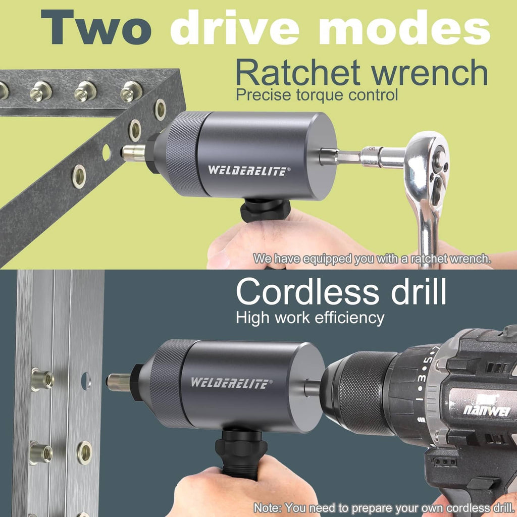 Gray rivet nut drill adapter with ratchet wrench drive and cordless drill setup