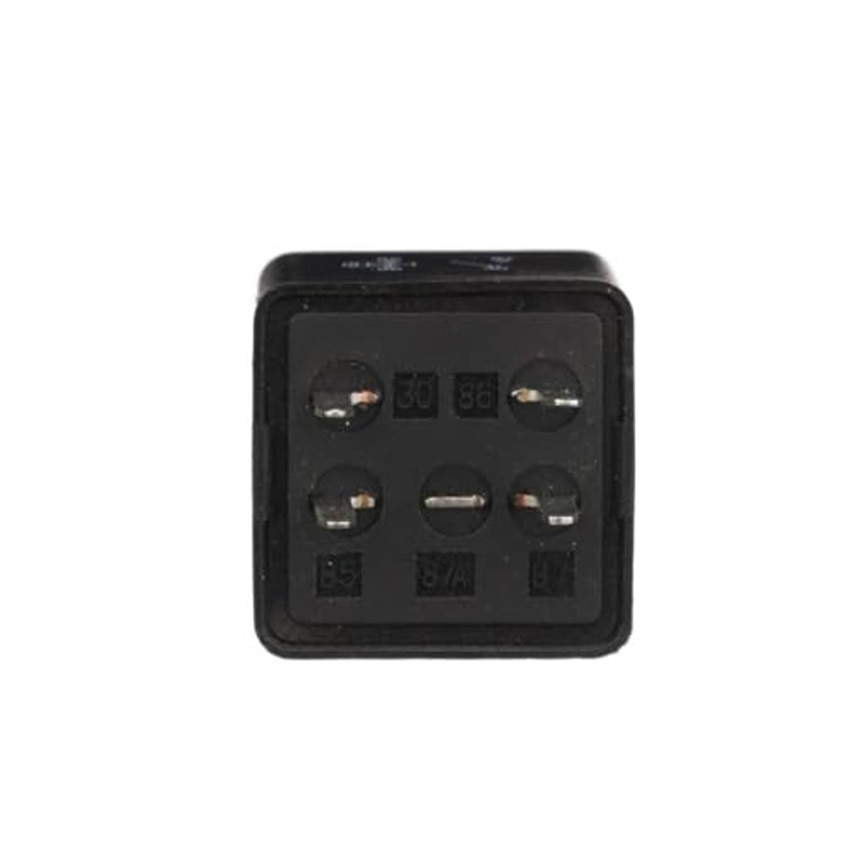 Black relay face with multiple contact terminals and embossed circuit numbers