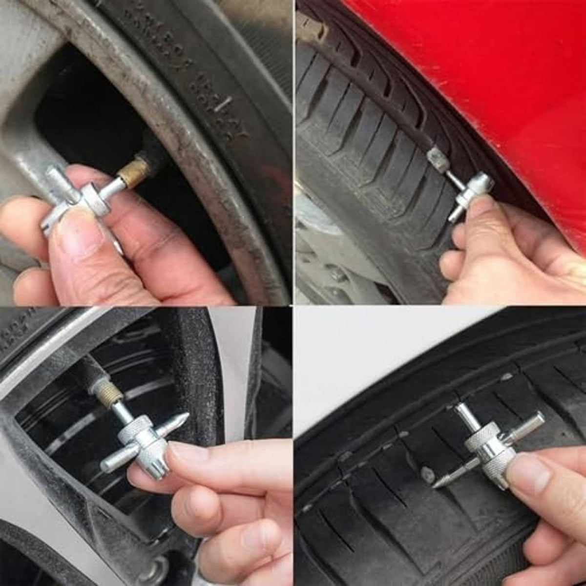Metal valve core removal tool used on a vehicle tire valve stem