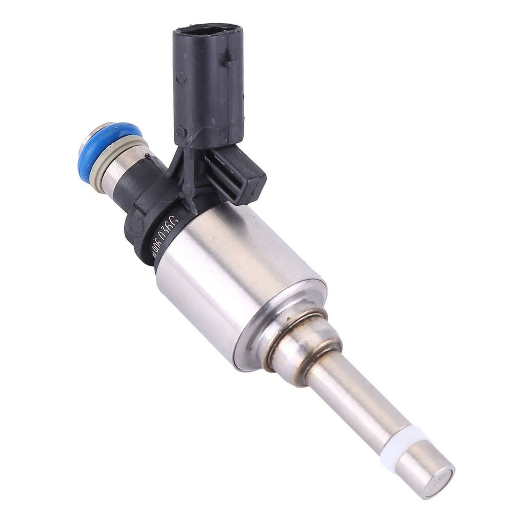 Single fuel injector with silver body, black sensor housing, and blue O-ring