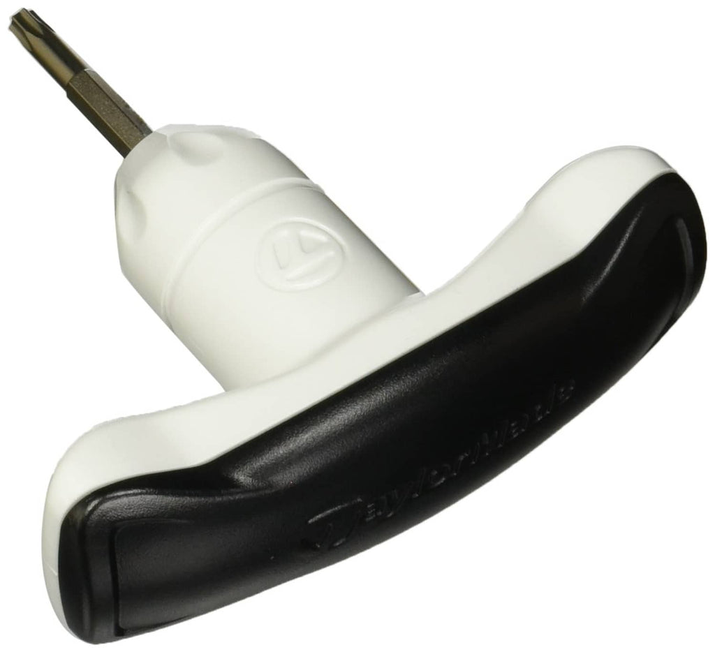 TaylorMade golf club wrench with white head, black handle, and metal shaft