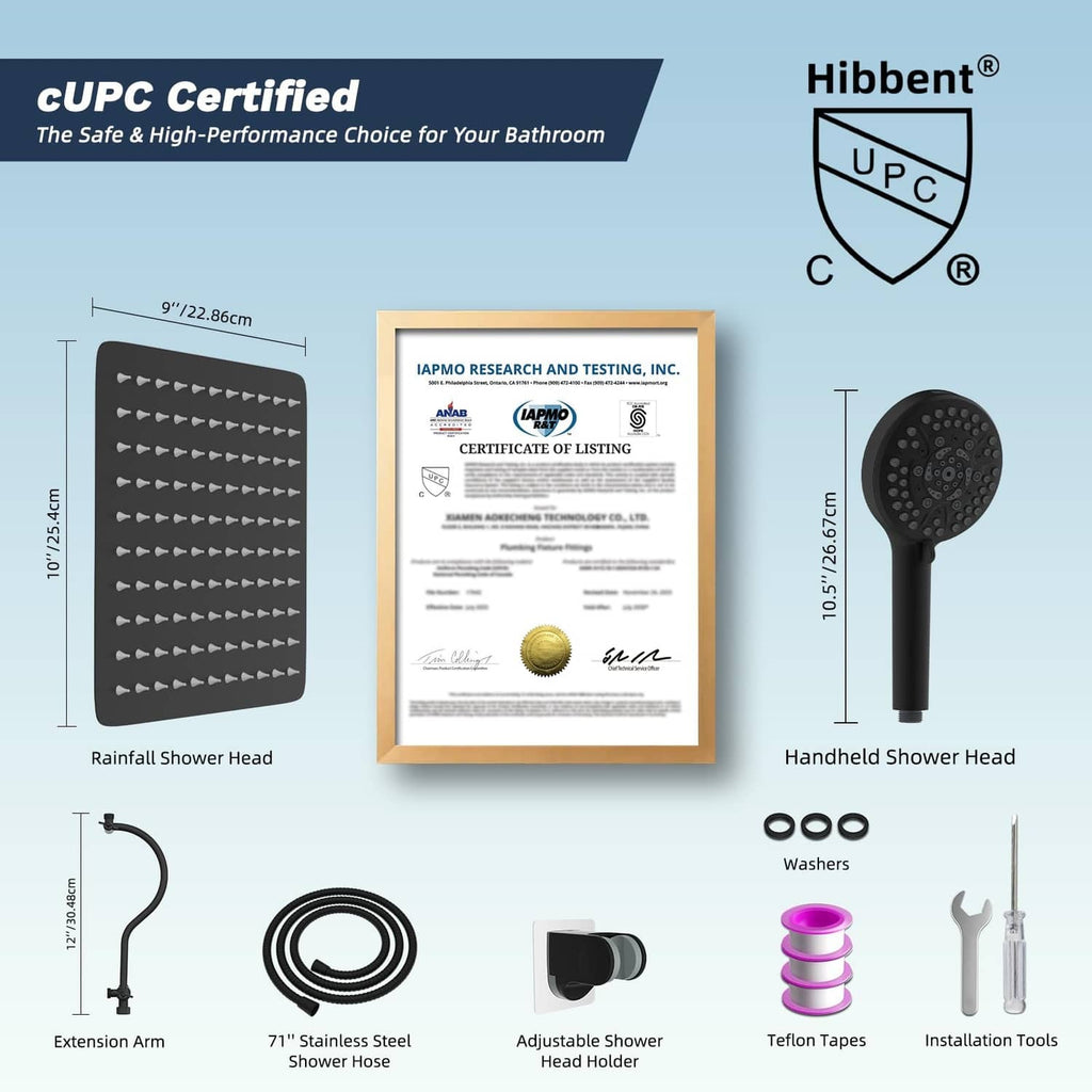 Hibbent shower head kit layout with handheld and extension arm accessories