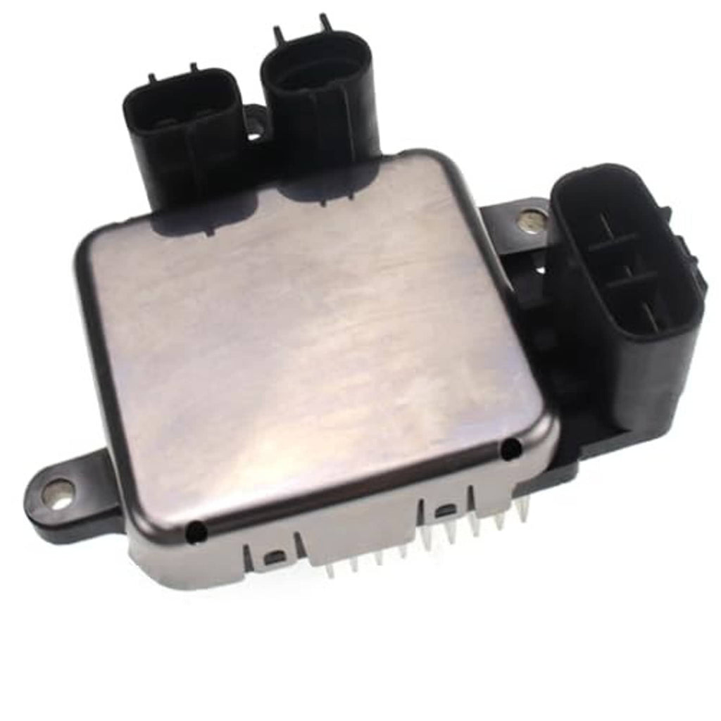 Radiator cooling fan control module with square silver cover, black connector blocks, fins