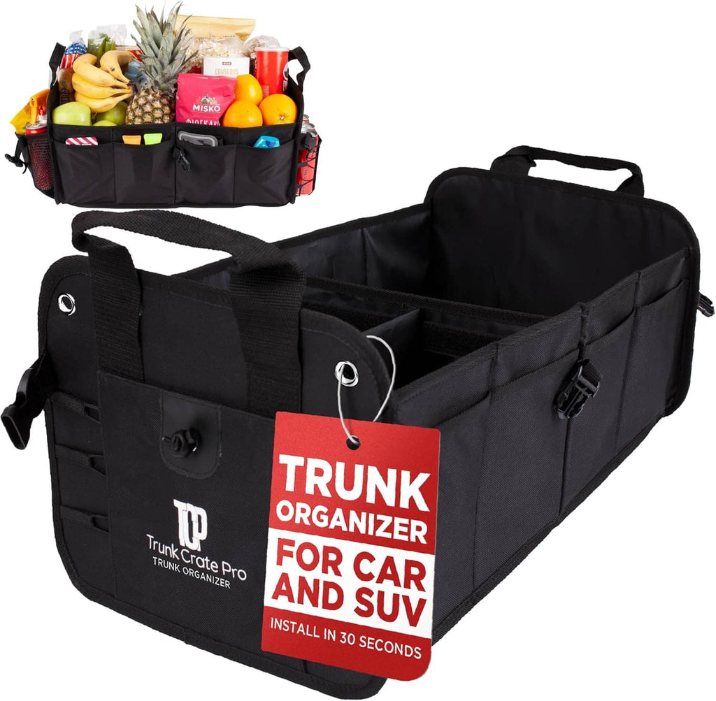 Black car trunk organizer with multi-compartments and carry handle straps