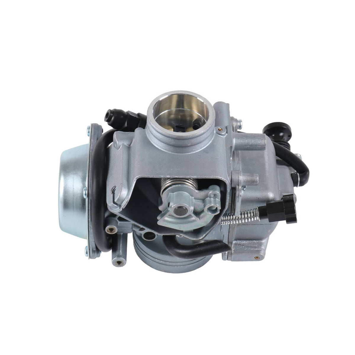ATV carburetor with brass throttle bore, black hoses, and mounting hardware
