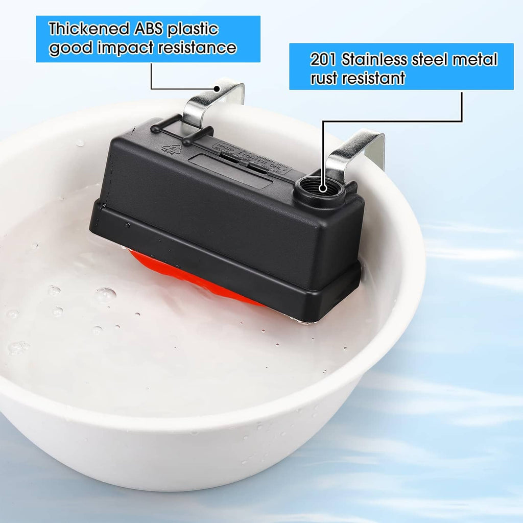 Close-up of black water tank float valve with orange float and stainless mounting post