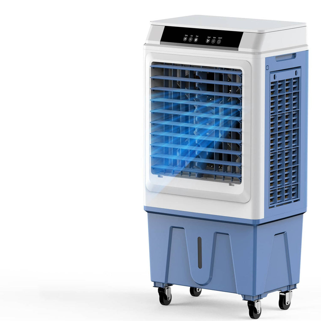 White and blue portable evaporative cooler with side water reservoir and front vent