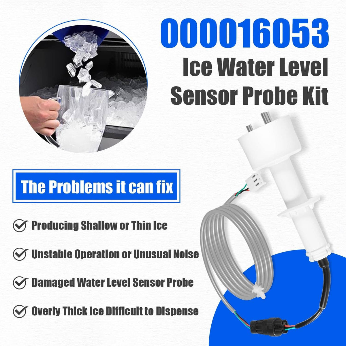 Ice water level sensor probe kit with white sensor and gray cable harness
