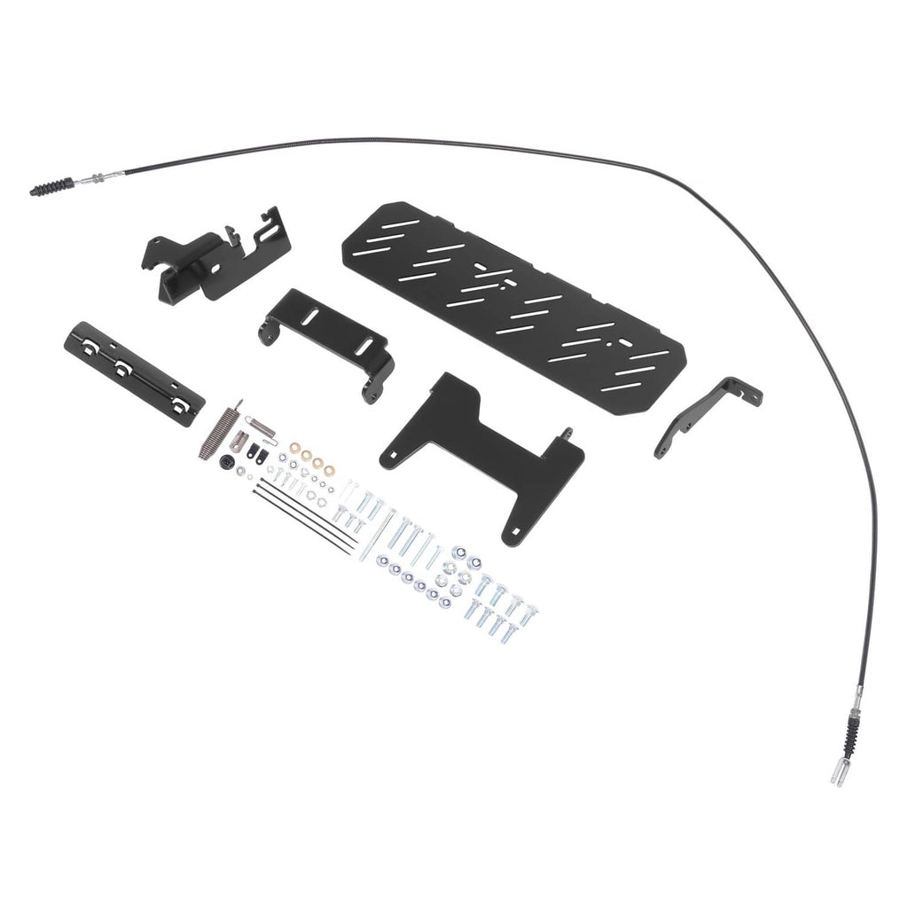 Mower chute blocker kit exploded with black shield, mounting pieces, bolts, and cables