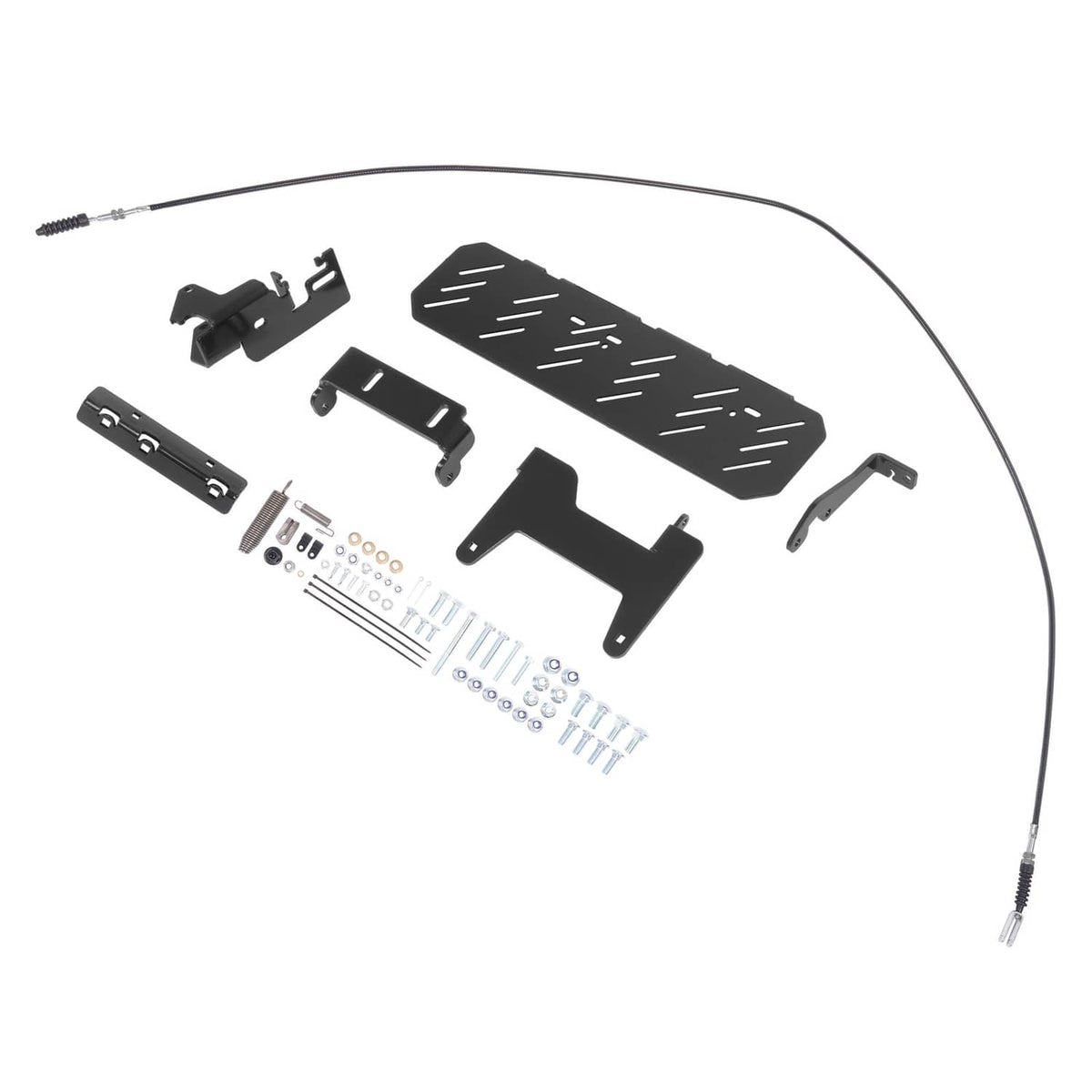 Mower chute blocker kit exploded with black shield, mounting pieces, bolts, and cables