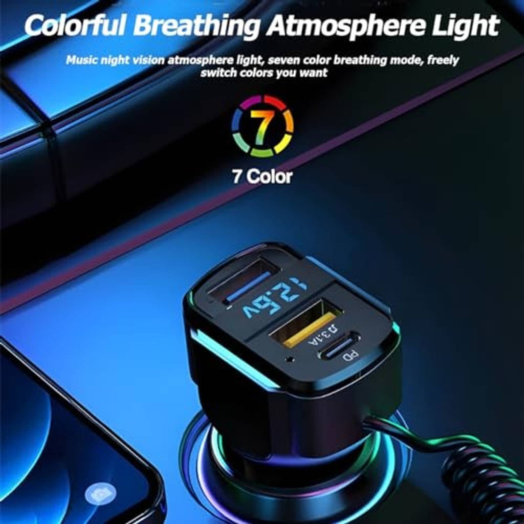 Black 3-port car charger with LED breathing light and digital voltage display