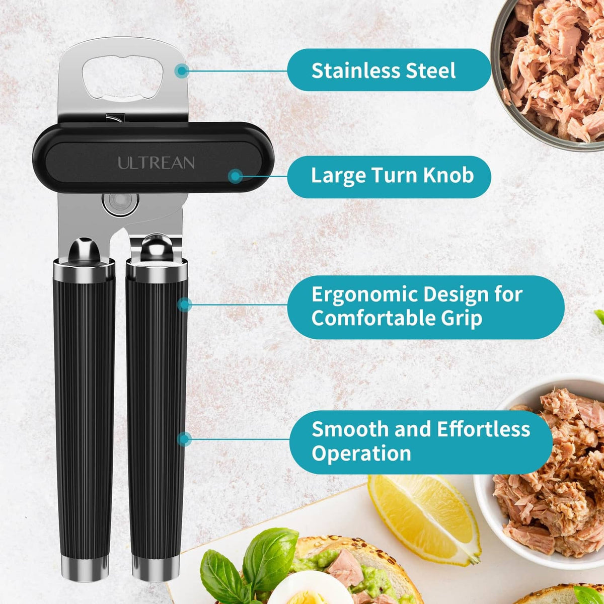 Black manual can opener and bottle opener with ergonomic grip and large turn knob.