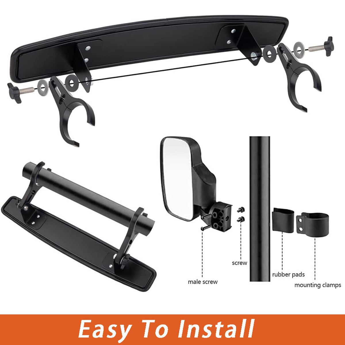 Center mirror mount hardware with mounting claws, screws, and rubber pad clamps