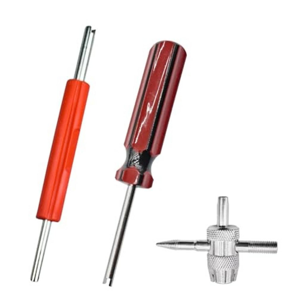 Tire valve core tool kit with red handle, double-head tool, and separate small piece