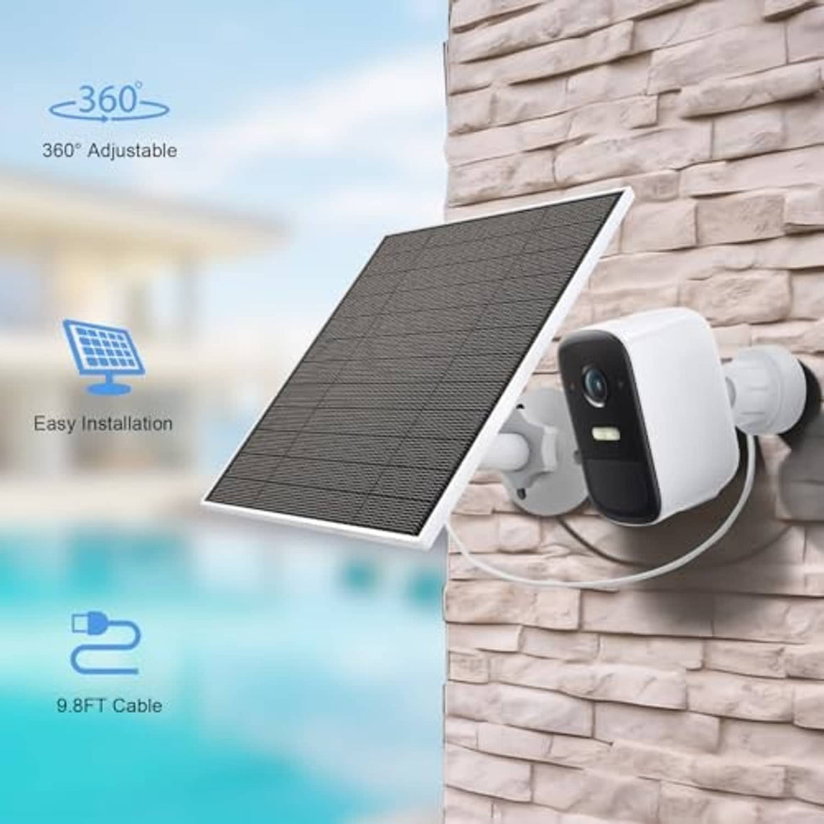 Solar panel charger with dark panel mounted on stone wall near security camera