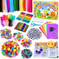 Colorful arts and crafts supply kit with pom-poms, pipe cleaners, foam stickers, beads