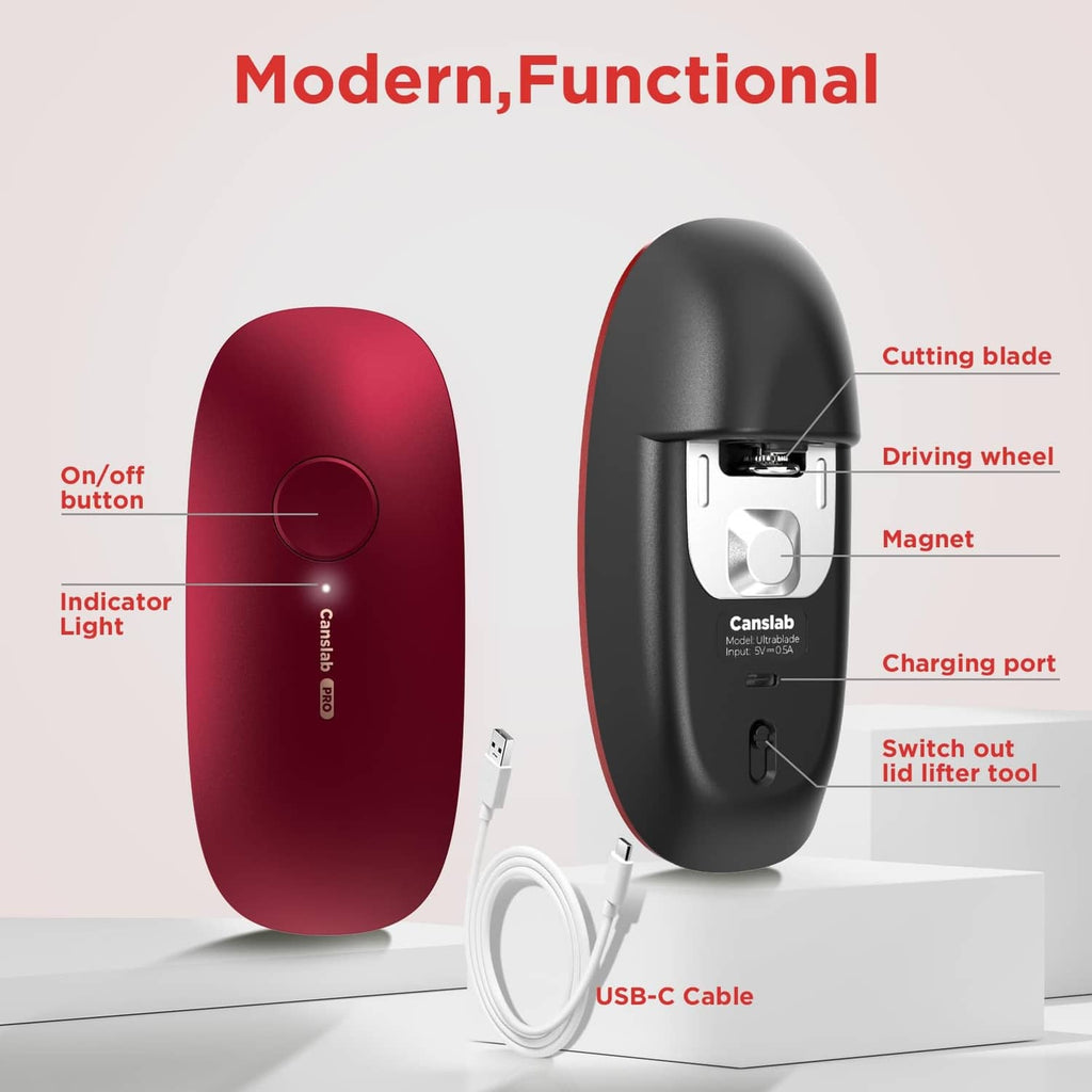 Red and black electric handheld can opener with front cutting head and control button