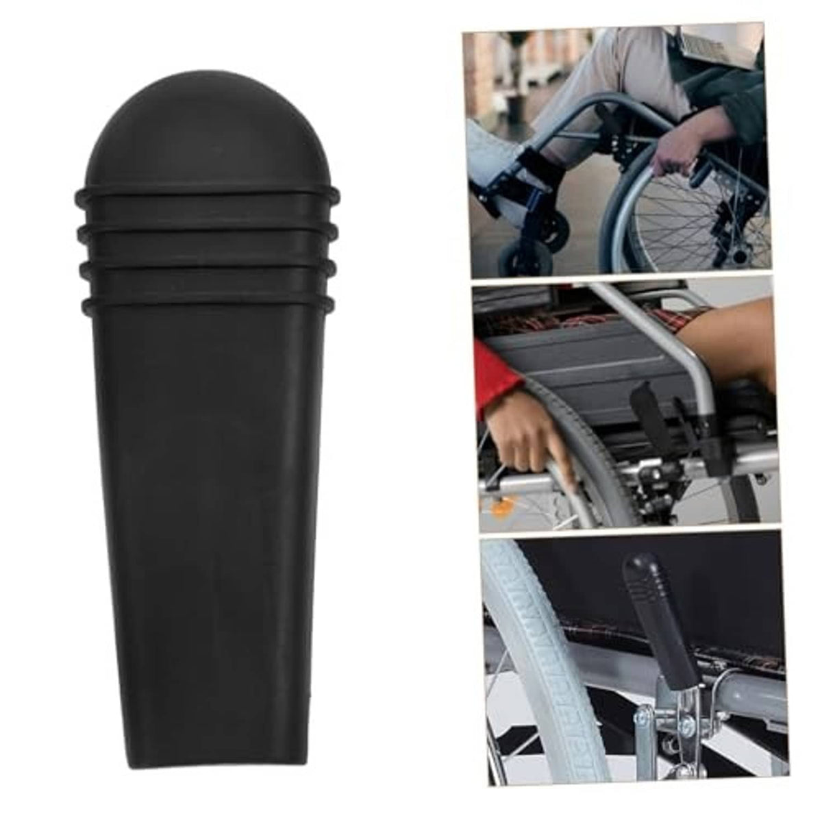 Single black wheelchair brake extension handle cover with ribbed collar and curved top