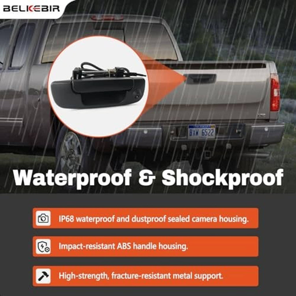 Black tailgate handle backup camera mounted on pickup truck with wiring