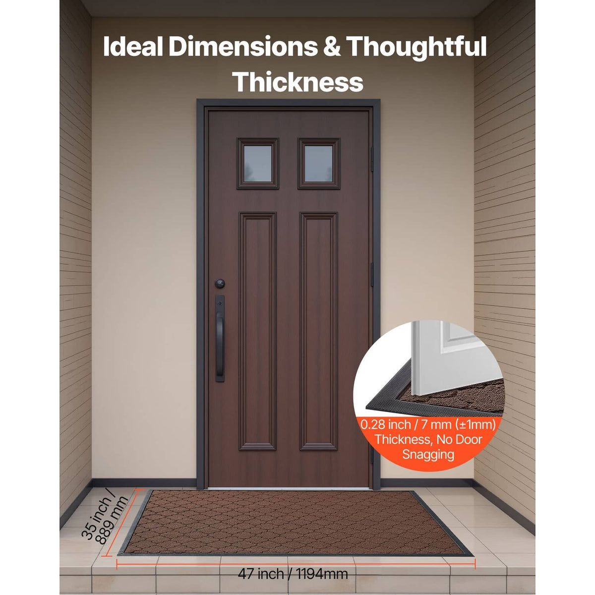 Brown front door mat at entryway with corner detail and anti-slip backing