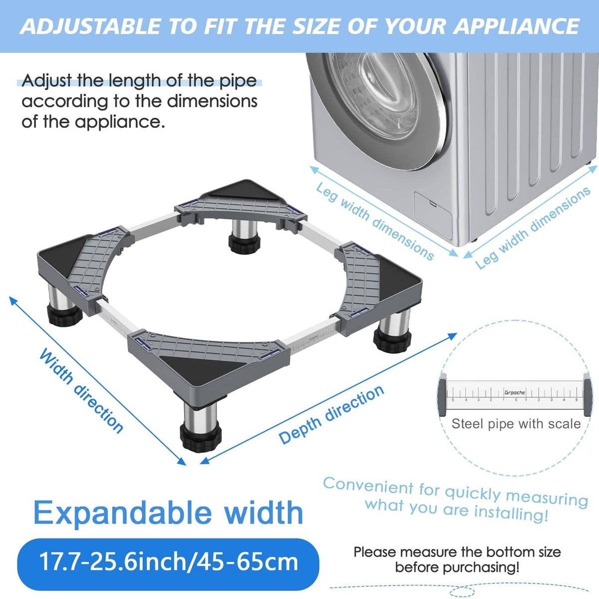 Expandable gray appliance stand frame with adjustable width and labeled measurement guide