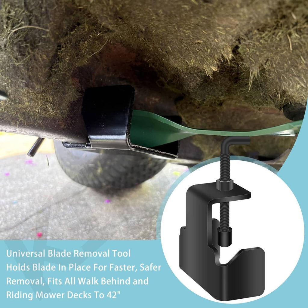 Universal mower blade removal tool holding mower blade, black clamp with screw