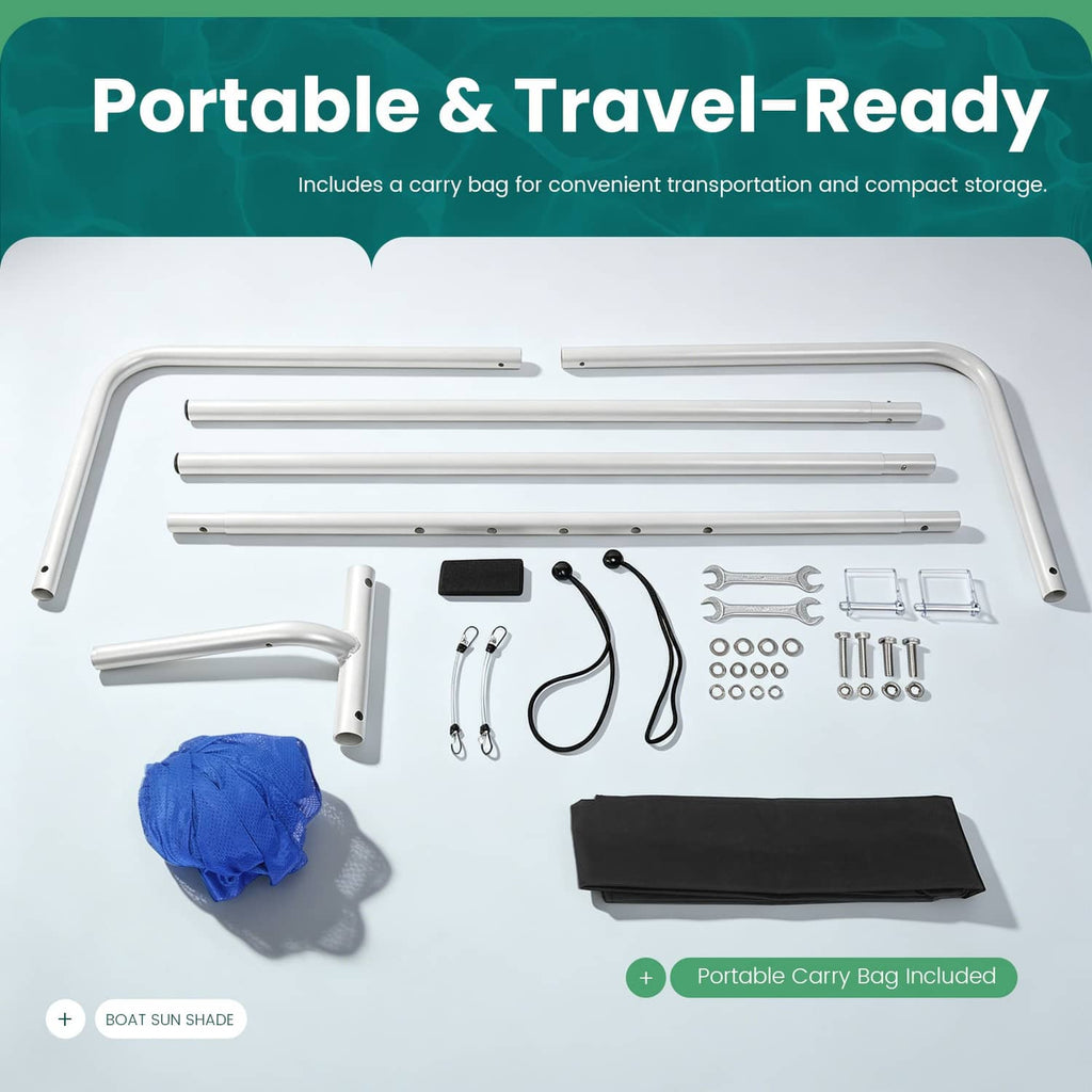 Boat sun shade kit with blue cover, carry bag, and metal mounting parts