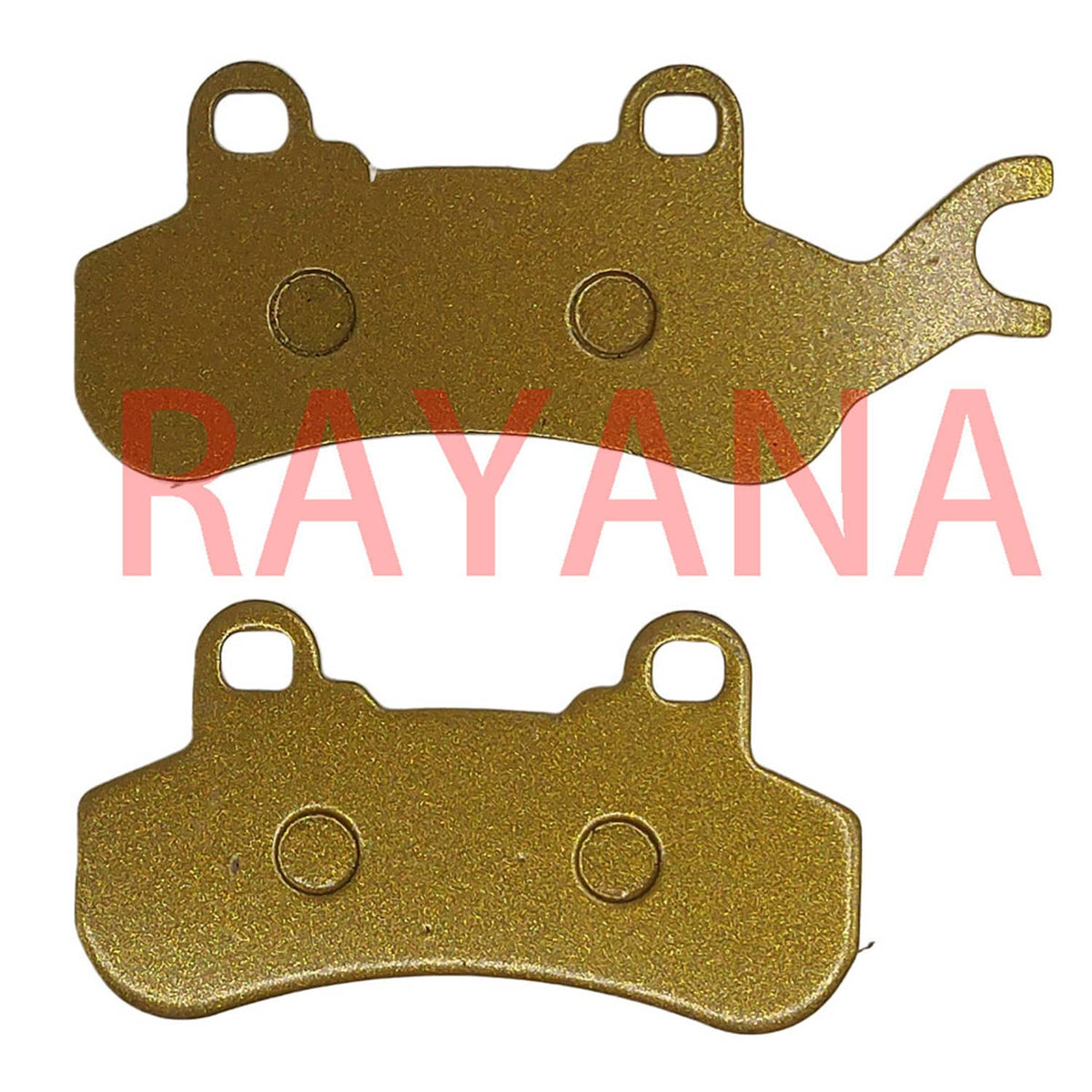 Brake pad set with gold-shaded friction pads and metal backing with mounting holes