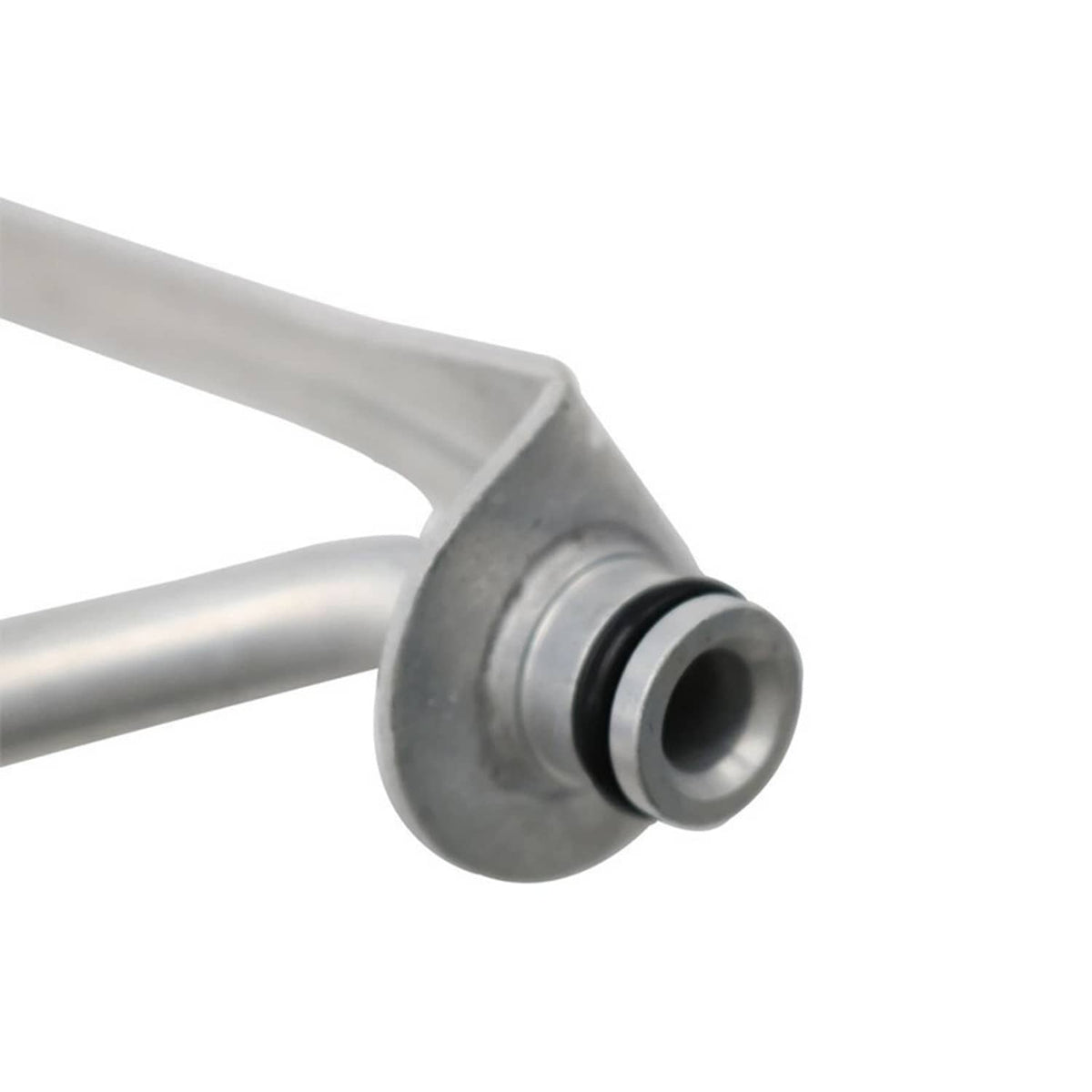 Gray metal hose section with black rubber bushing and circular inlet opening