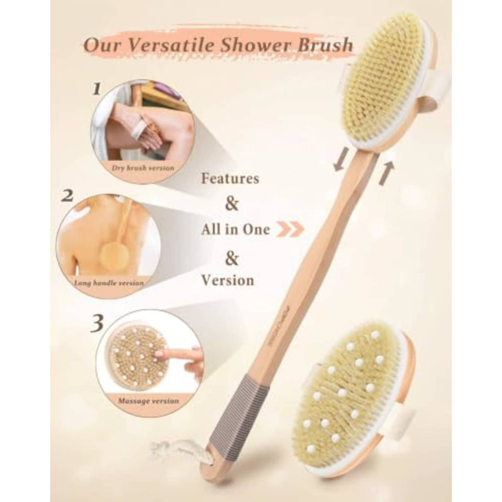Dual-head shower brush with detachable oval scrub pads and long wooden-style handle