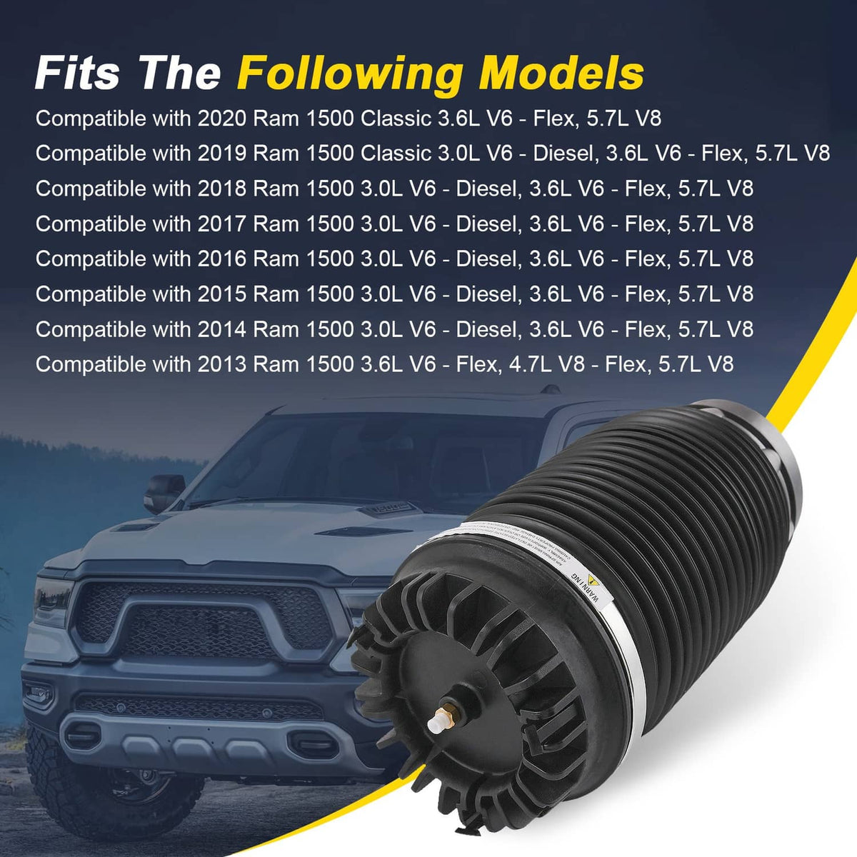 Ribbed black air suspension spring bag with end piston plate and valve port, angled