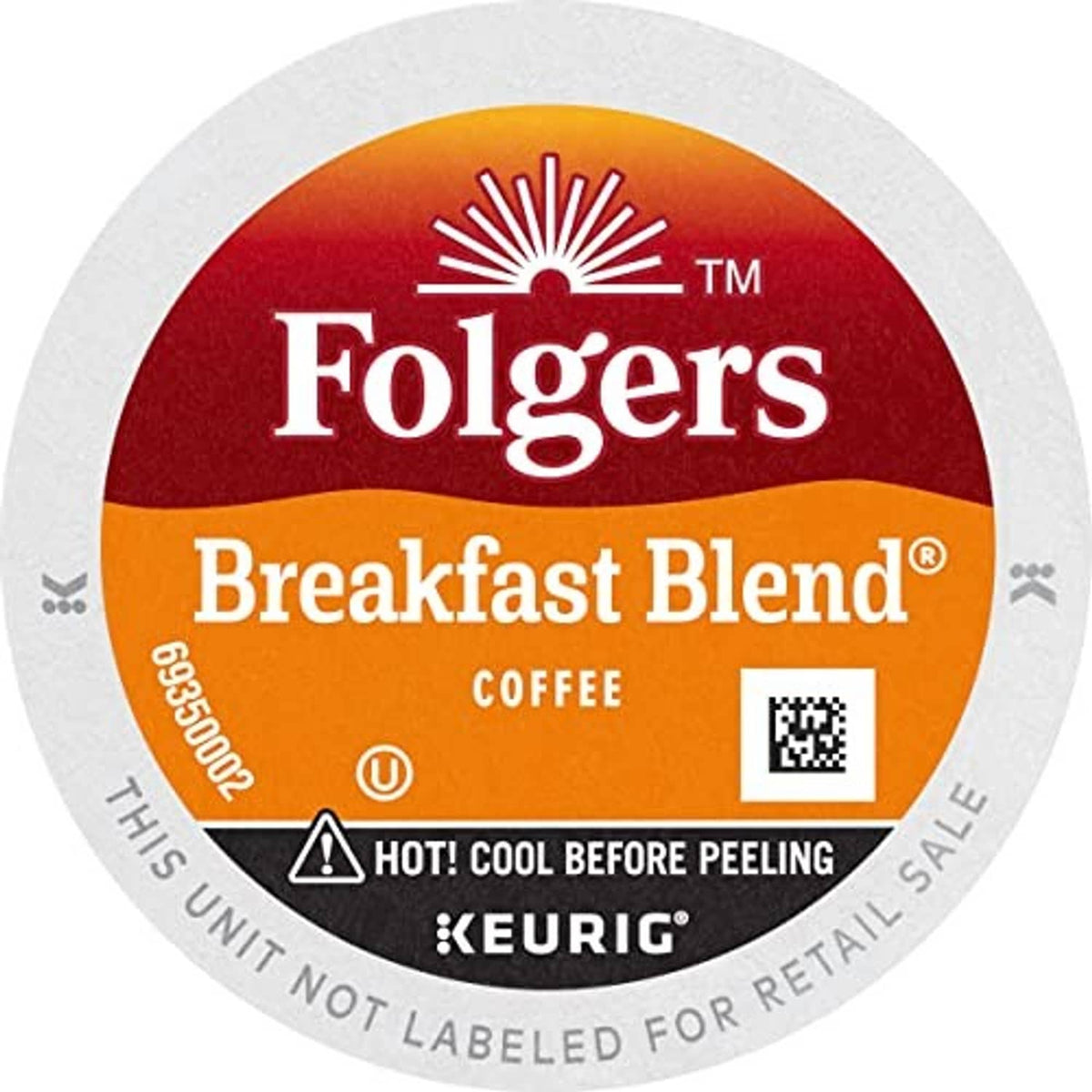 Folgers Breakfast Blend K-cup pod lid with Keurig logo and peel warning.