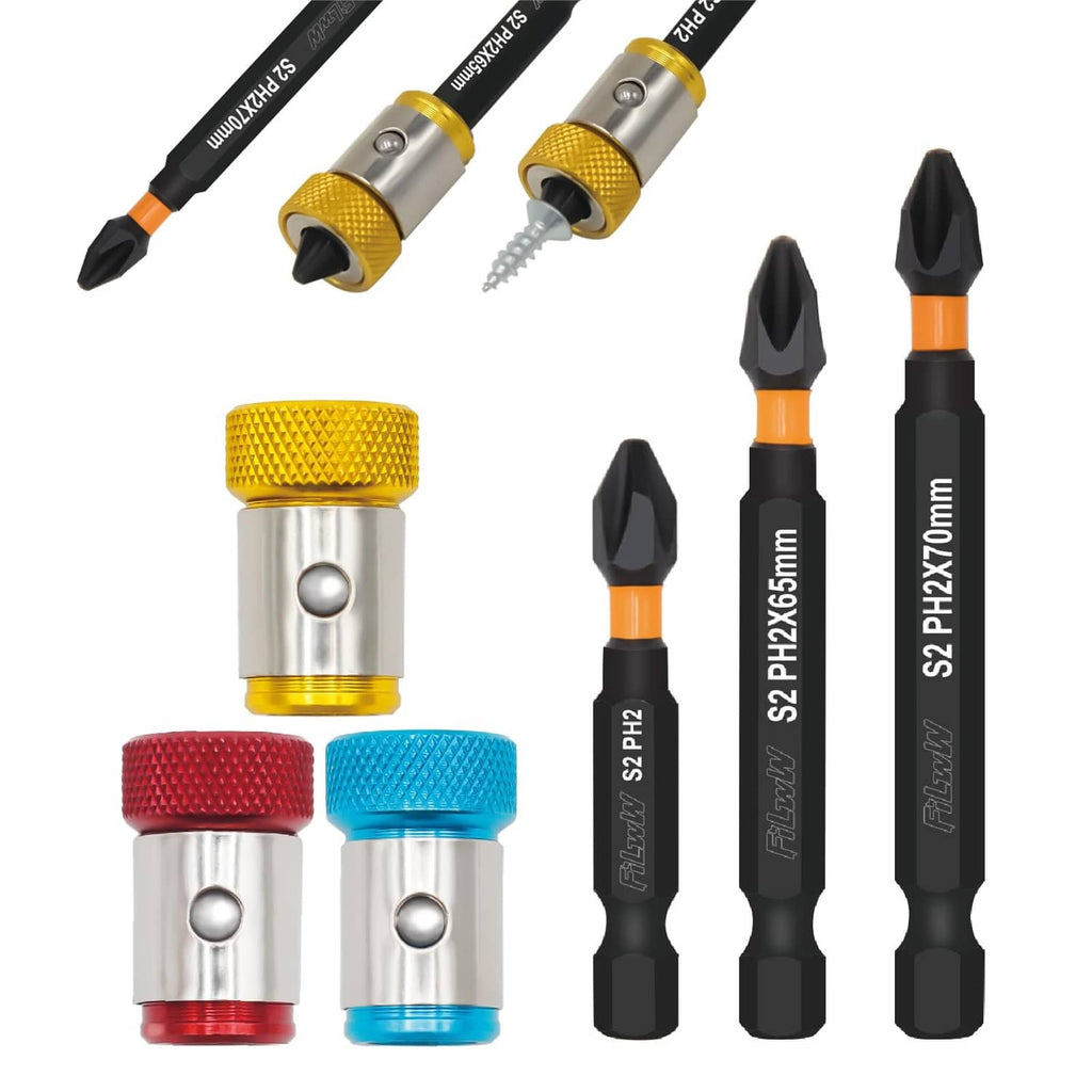 Magnetic screw ring set with three colored tips and S2 PH2 bits