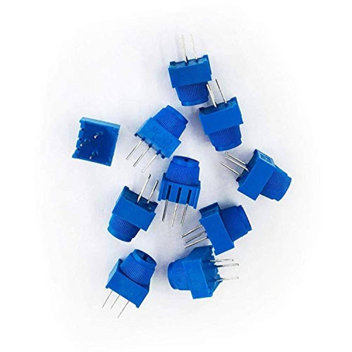 Assorted blue trimmer potentiometers with adjustment knobs and metal pin leads