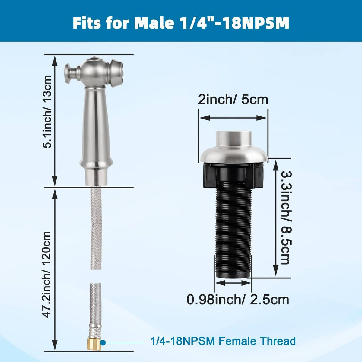Stainless sink sprayer size diagram with hose and thread connector dimensions