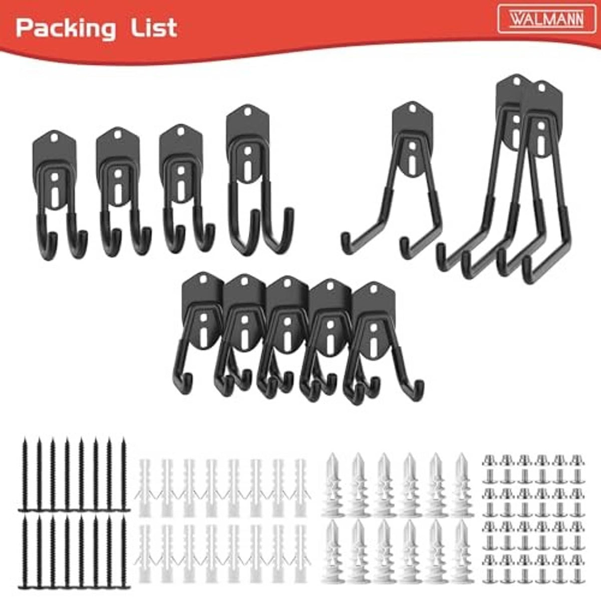 Assorted black wall-mount utility hooks with screws and anchors included