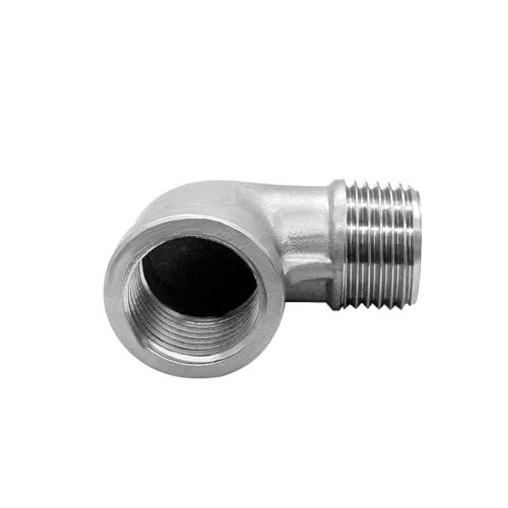 90-degree stainless steel elbow fitting showing internal NPT thread opening