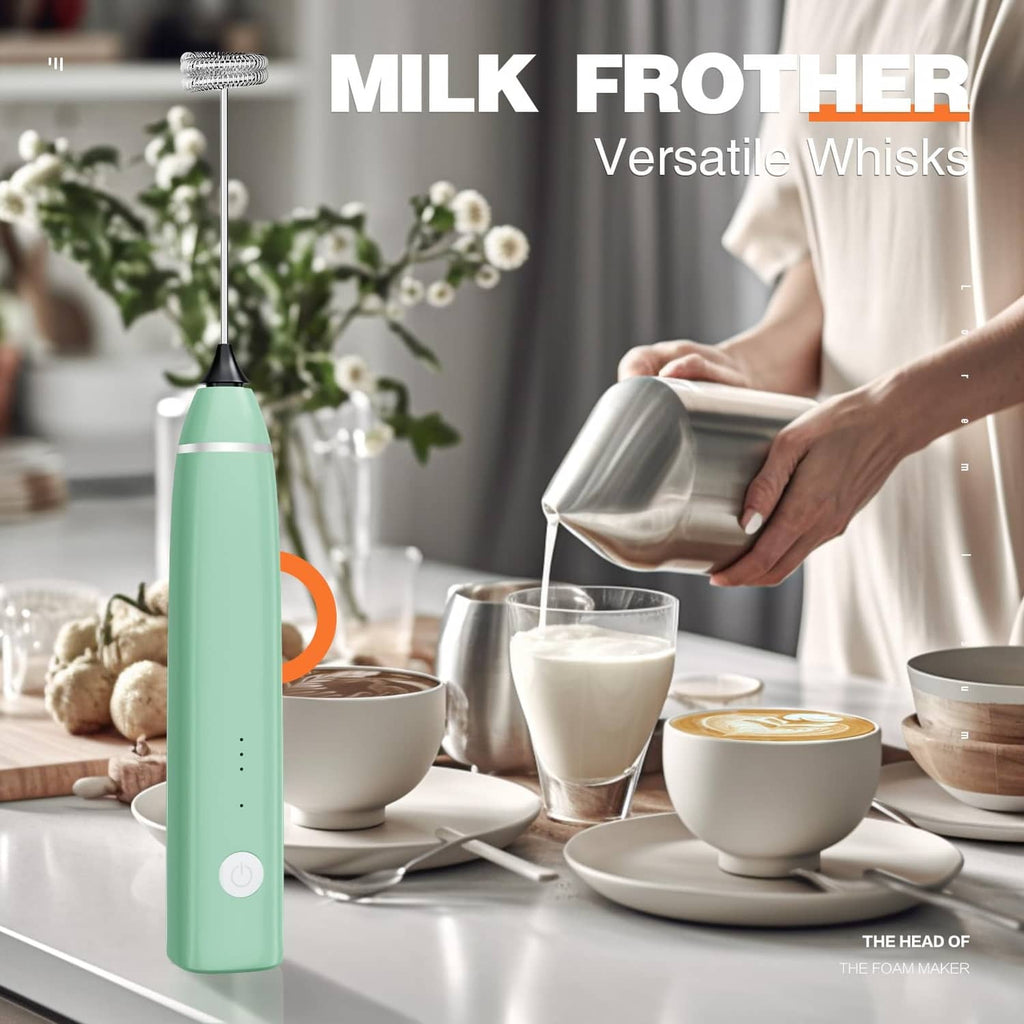 Green rechargeable handheld milk frother with whisk head for frothing milk