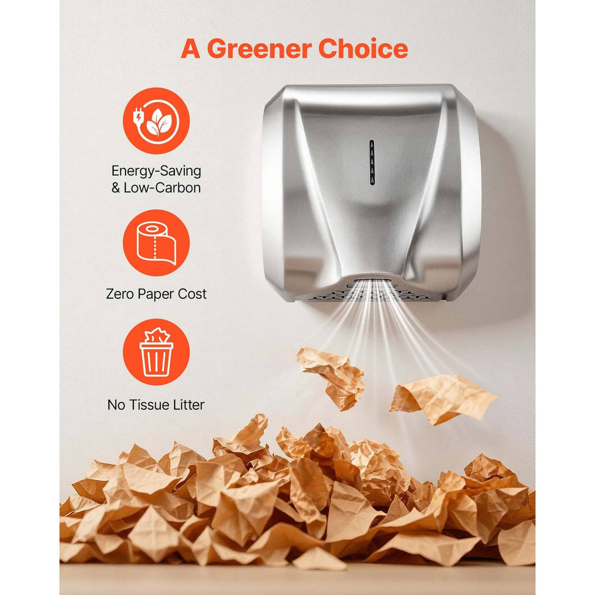 Brushed stainless steel hand dryer with airflow outlet above crumpled paper tissues