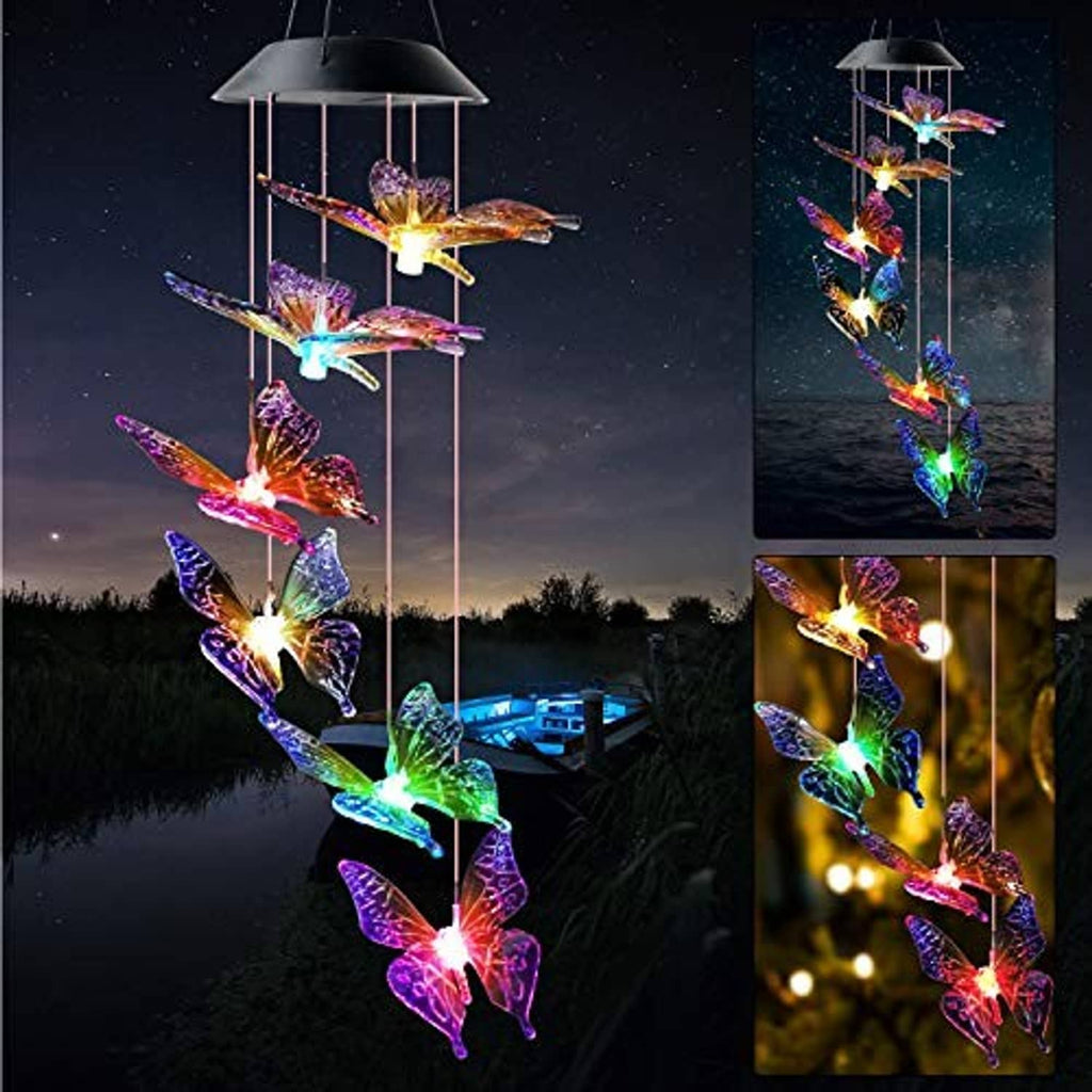 Solar wind chime with glowing butterfly strands on vertical metal frame, multicolor lights