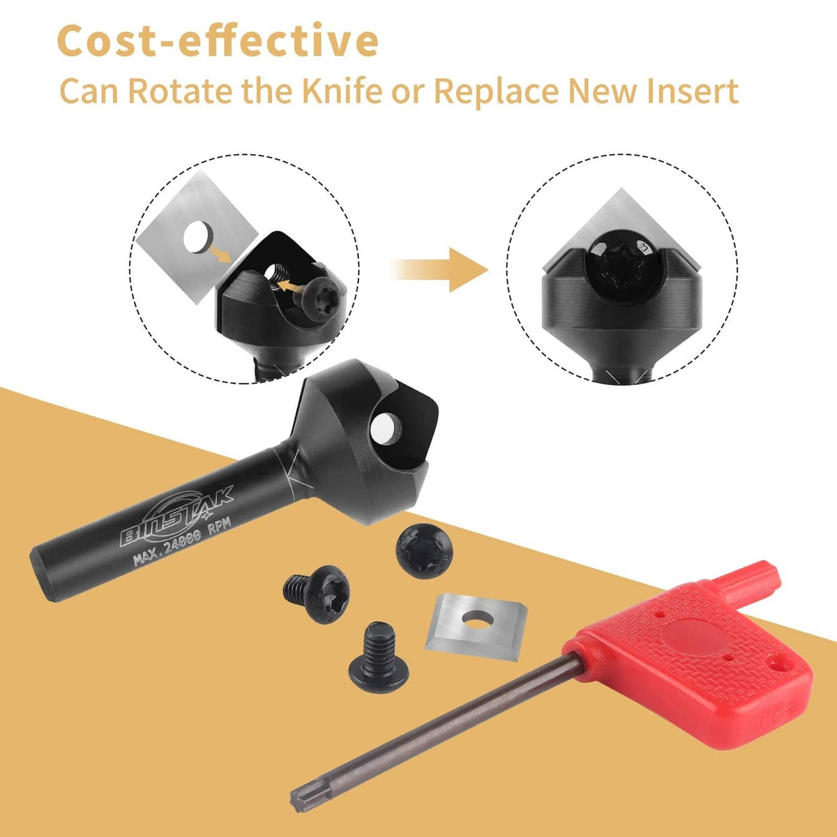 Carbide 90° V-groove router bit with interchangeable square insert and screws