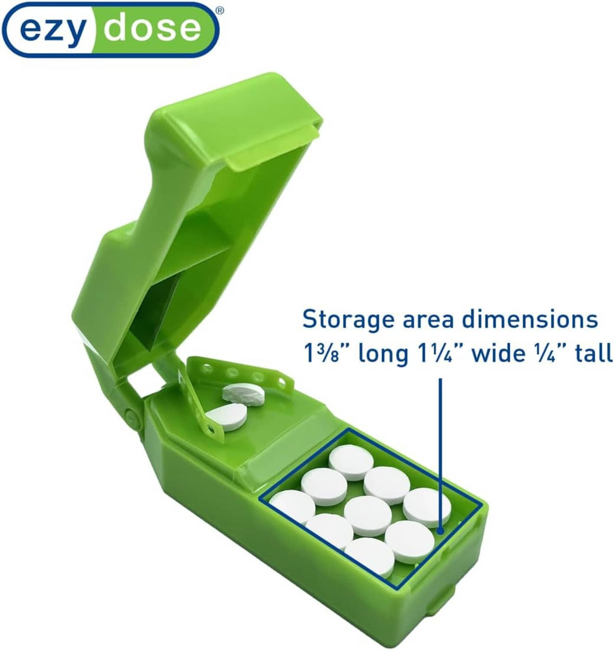 Green pill cutter and splitter with dispenser, open storage area with pills
