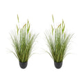 Artificial cattail grass in two black pots, green spiky stems, ready for decoration