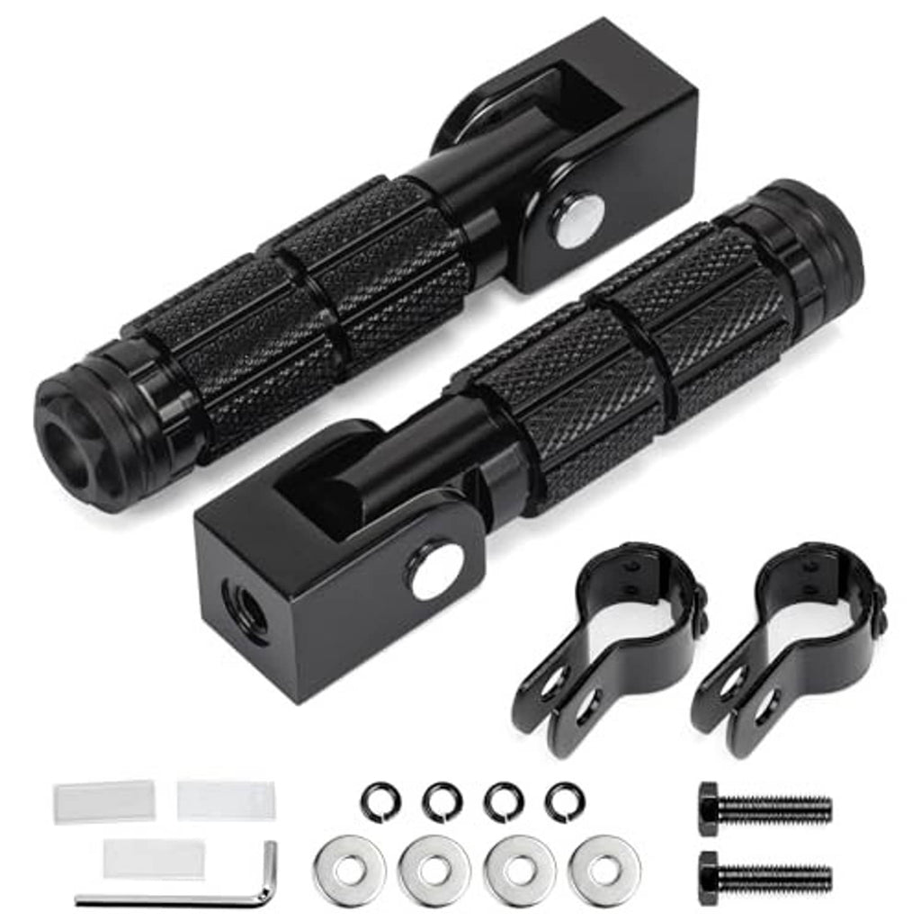Pair of black textured foldable foot pegs with CNC-style metal base and mounting hardware