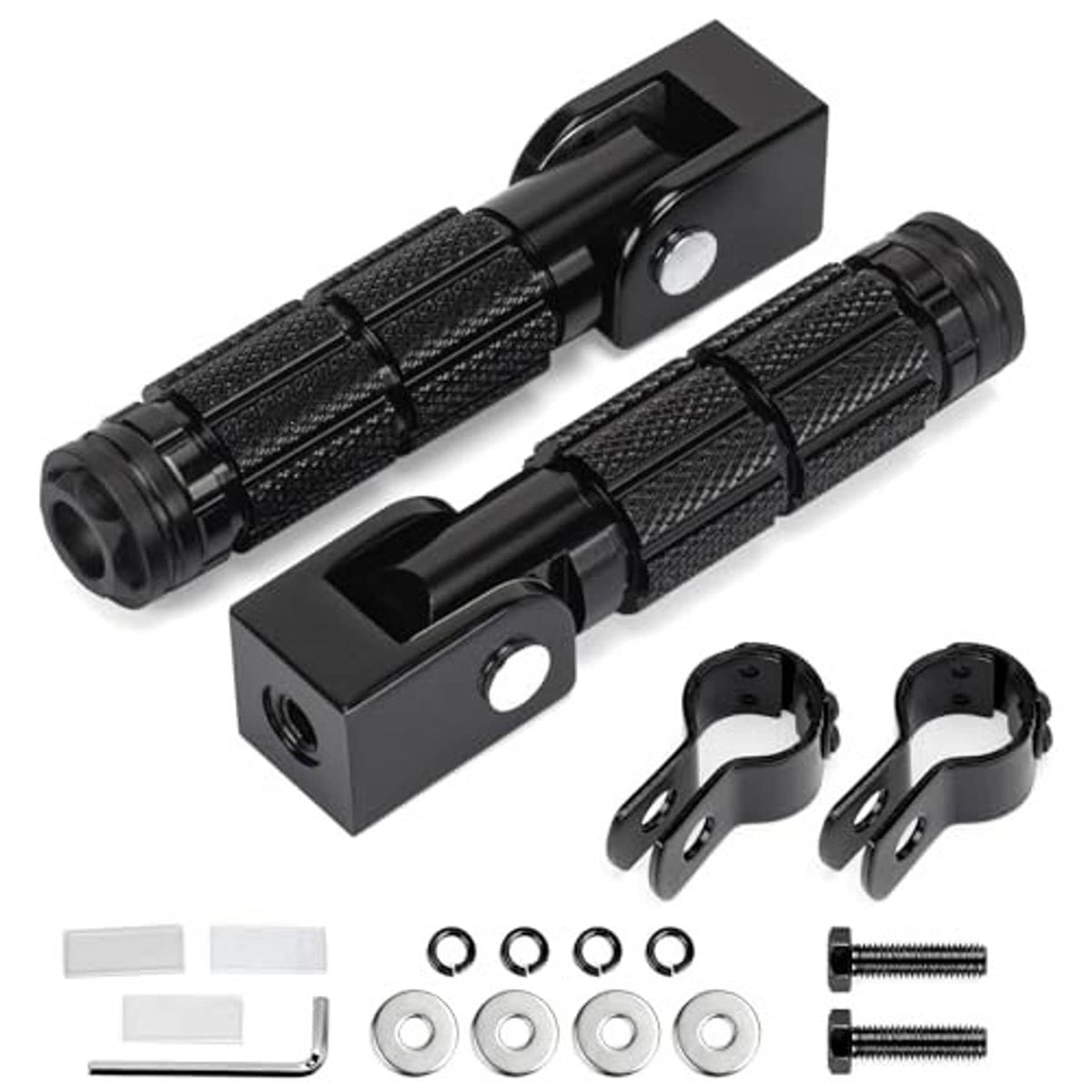 Pair of black textured foldable foot pegs with CNC-style metal base and mounting hardware