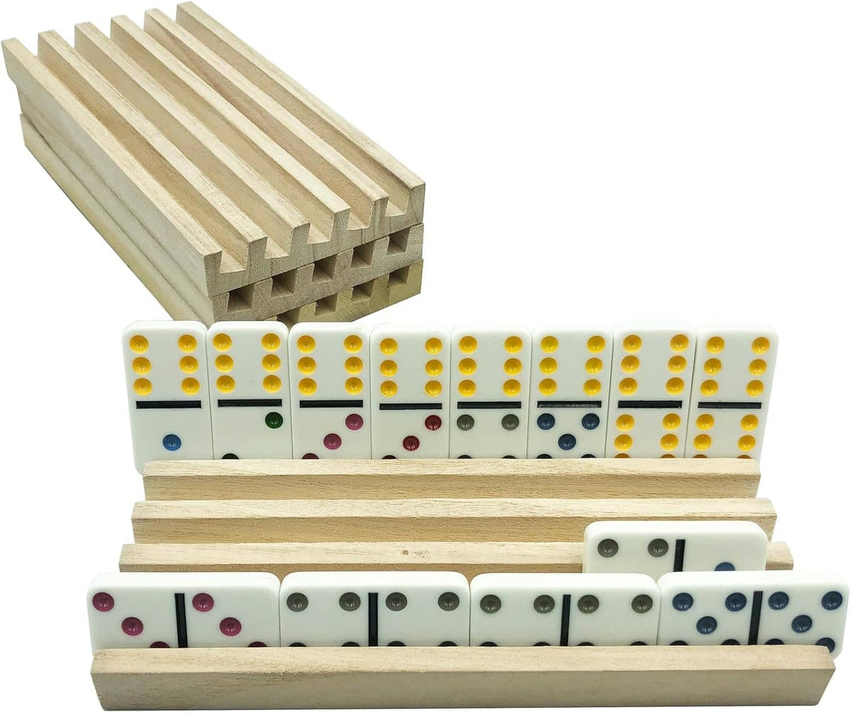 Wooden domino rack holder with white domino tiles lined up on a slatted tray stand