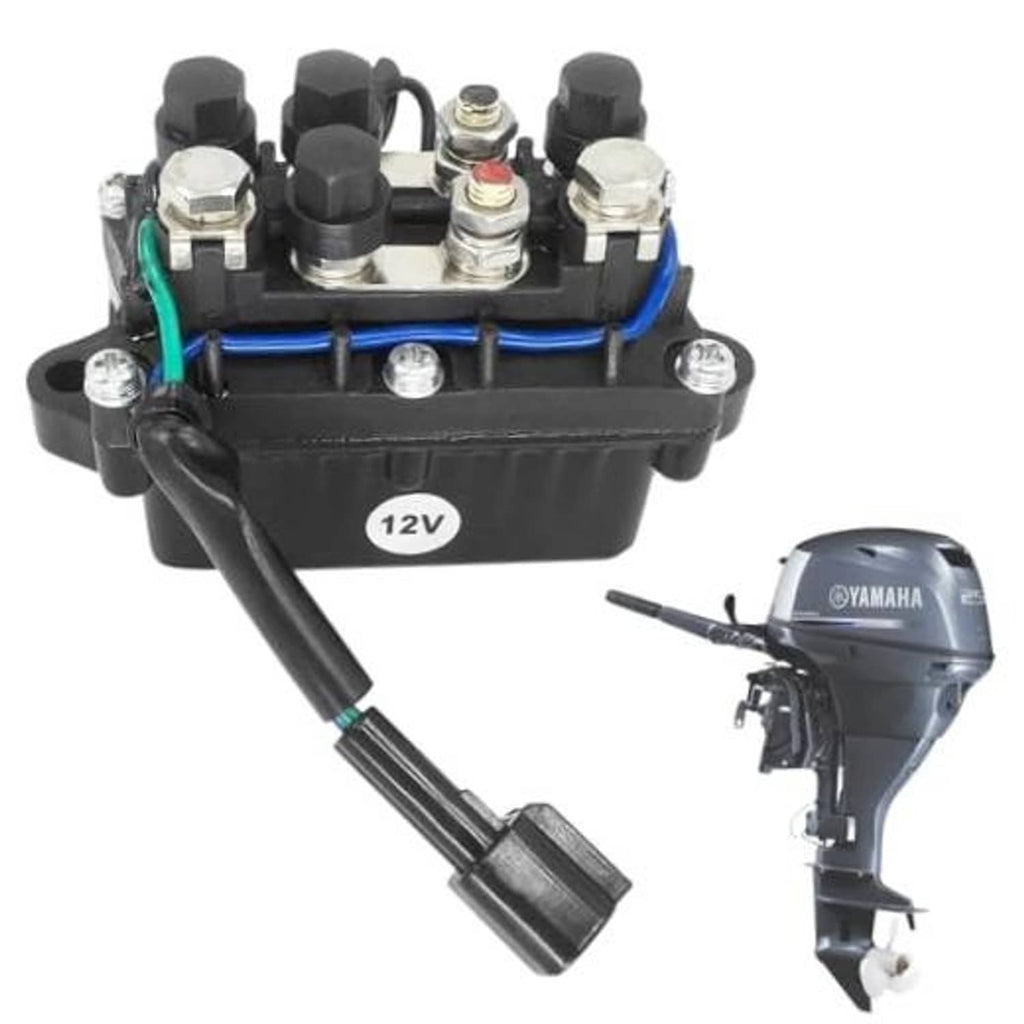Black 12V tilt-trim relay module with electrical terminals and mounting studs