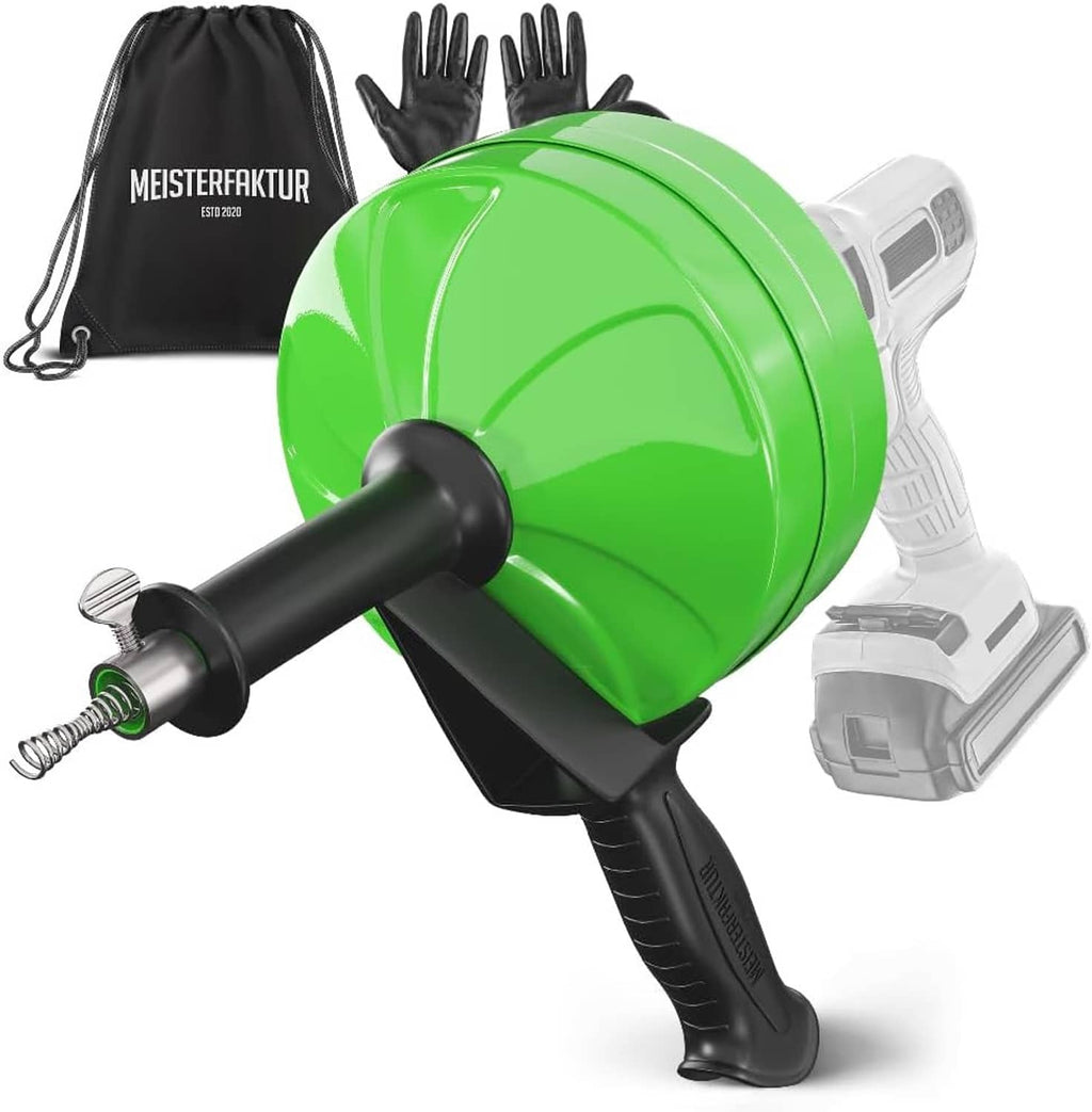 Green drain snake with drill attachment, black storage bag and glove set